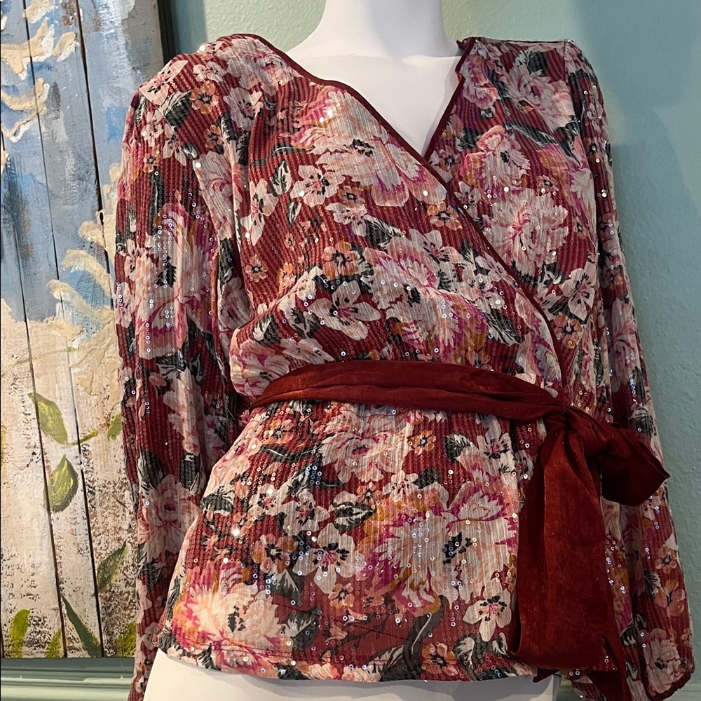 LC Lauren Conrad Burgundy Floral Wrap Blouse
